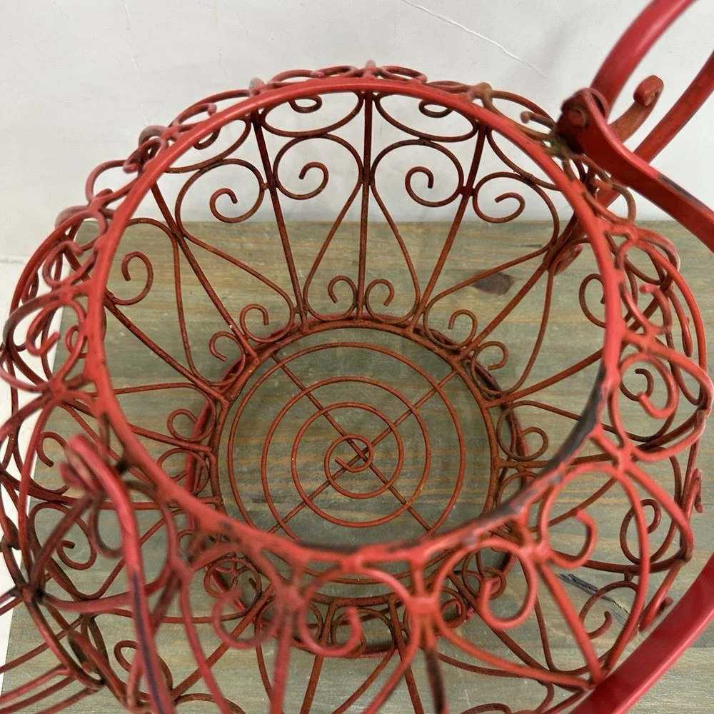 Vtg Large Metal Teapot Basket Filigree Tea Time Metal Home Decor Rustic W Handle